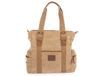Große braune Damen-A4-Tasche aus Naturleder und Segeltuch