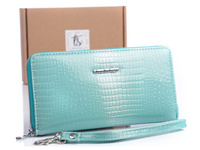 Lackiertes Damenportemonnaie mit Reißverschluss und Handschlaufe türkis RFID