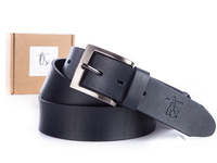 Men's navy blue leather belt with classic metal buckle SERGEJ 140