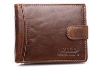 Men's dark brown leather wallet with RFID WILD snap closure