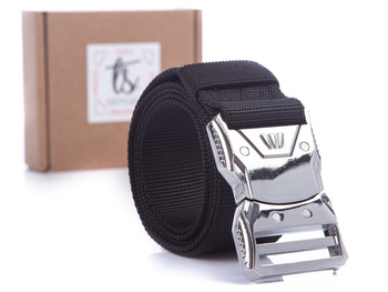 Black trouser belt with silver button buckle SERGEJ MONTANA