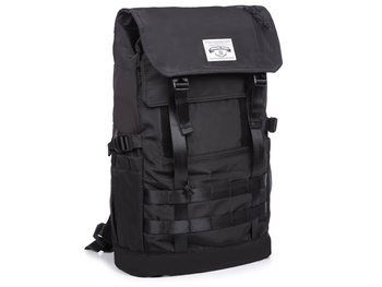 Capacious sports backpack changing shape and capacity black nylon