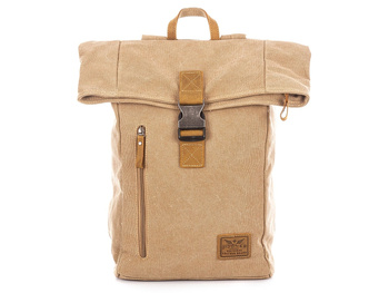 J Jones Capacious canvas trekking backpack beige with leather