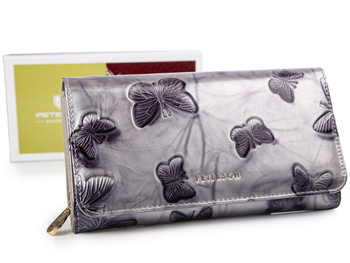 Large silver Peterson women's wallet with navy blue RFID butterflies