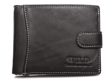 Men's black leather wallet with RFID WILD snap closure