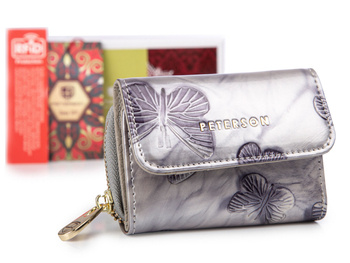 Kleine silberne Damengeldbörse mit marineblauen RFID-Schmetterlingen PETERSON