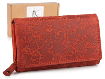 Duży poziomy portfel damski czerwony szyty ręcznie ze skóry naturalnej w kwiaty RFID