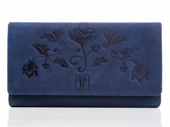 Granatowy skórzany portfel damski vintage z tłoczeniem kwiatowym Paolo Peruzzi