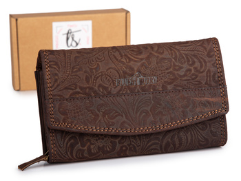 Poziomy portfel damski ciemnobrązowy z zamszowej skóry naturalnej z tłoczeniem w kwiaty