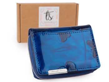 Jennifer Jones Lakierowany portfel damski do małej torebki niebieski w motylki