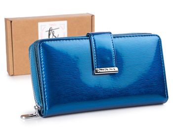 Lakierowany poziomy portfel damski niebieski duży Jennifer Jones RFID