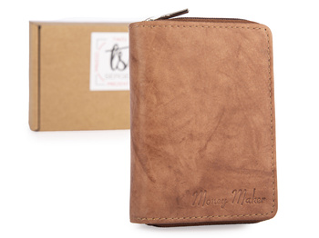 Mała beżowa portmonetka damska z miękkiej skóry naturalnej RFID