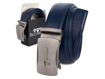 Elegancki, granatowy pasek męski skórzany z klamrą automatyczną 125 cm