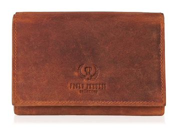 Koniakowy skórzany portfel damski w stylu vintage do małej torebki Paolo Peruzzi