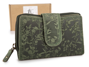 Zielony portfel damski ze skóry naturalnej ręcznie szyty z kwiatami Ekavale