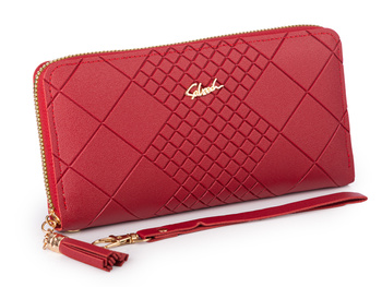 Czerwony portfel damski kopertowy z geometrycznym wzorem