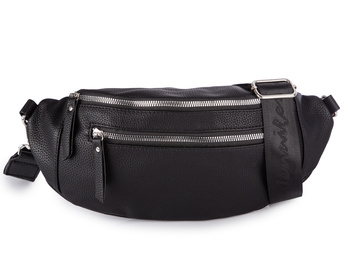 Duża czarna saszetka damska typu nerka z paskiem na ramię