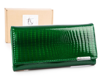 Poziomy portfel damski lakierowany butelkowa zieleń z biglem wewnatrz Jennifer Jones