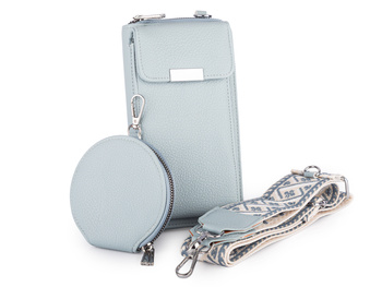 Jasnoniebieski duży portfel damski z kieszenią na telefon 3w1 z paskiem i saszetką