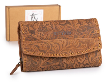 Poziomy portfel damski, jasnobrązowy, z tłoczeniem w kwiaty "floral" w stylu vintage Franko