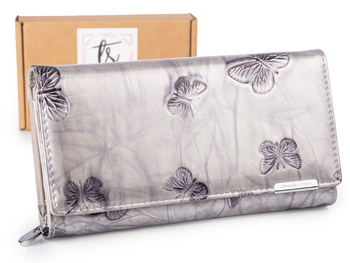 Duży lakierowany portfel damski srebrny z motylkowym wzorem Jennifer Jones