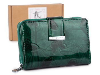 Zielony lakierowany portfel damski z tłoczonymi motylkami Jennifer Jones