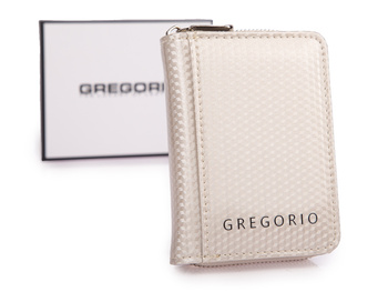 Mały jasnobeżowy portfel damski lakierowany z błyszczącym wzorem RFID Gregorio