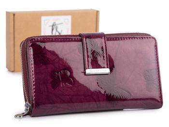 Portfel damski Jennifer Jones fioletowy lakierowany z motylkami pojemny RFID