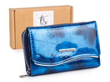 Niebieski duży lakierowany portfel damski z tłoczeniem w motylki Jennifer Jones