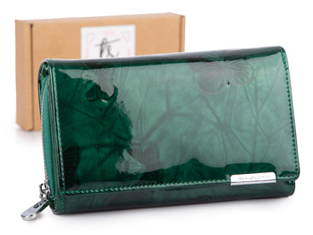 Portfel damski Jennifer Jones zielony lakierowany z motylkami duży RFID