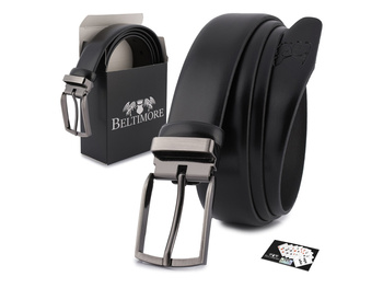 Elegancki, czarny, skórzany pasek męski do spodni z metalową klamrą klasyczną 125 cm