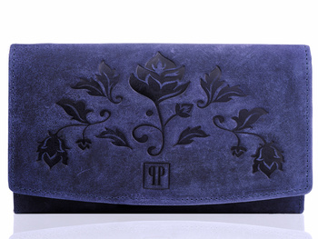 Duży granatowy portfel damski ze skóry naturalnej z kwiatowym tłoczeniem RFID