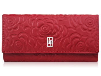 Czerwony portfel damski ze skóry naturalnej z tłoczeniem w kwiaty RFID