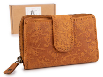 Brązowy portfel damski ze skóry naturalnej ręcznie szyty z kwiatami Ekavale