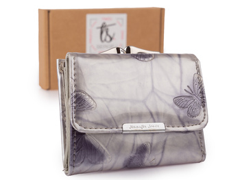 Mały portfel damski lakierowany srebrny w motylki zapinany na bigiel Jennifer Jones