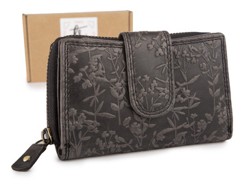 Czarny portfel damski ze skóry naturalnej ręcznie szyty z kwiatami Ekavale