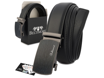 Elegancki, czarny pasek męski skórzany z klamrą automatyczną 125 cm Beltimore