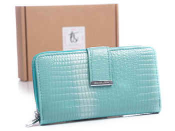 Large lacquered leather women's wallet turquoise Jennifer Jones