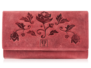 Czerwony skórzany portfel damski vintage z tłoczeniem kwiatowym Paolo Peruzzi