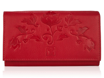 Czerwony, skórzany portfel damski elegancki z wzorem w kwiaty Paolo Peruzzi