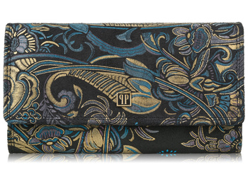 Duży czarny portfel damski skórzany z orientalnym złoto-niebieskim wzorem