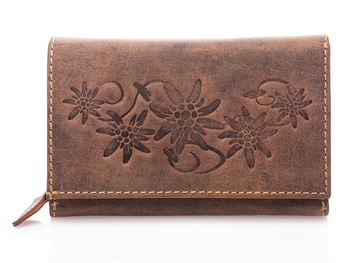 Large wallet with embossed flowers in raw natural leather