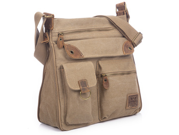 J JONES Beżowa poszerzana torba damska z canvasu i skóry naturalnej