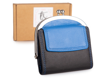 Czarno-niebieska, skórzana, portmonetka damska z kieszenią na monety zapinaną na klasyczny, metalowy bigiel