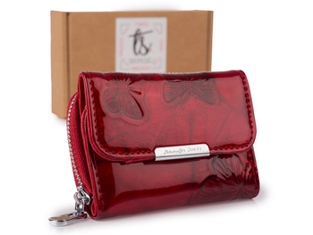 Mały portfel damski czerwony w motylki do małej torebki lakierowany Jennifer Jones