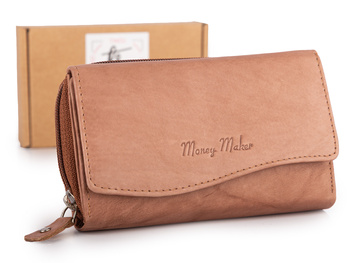 Jasnobrązowy (beżowy) portfel damski skórzany duży Money Maker z ochroną RFID