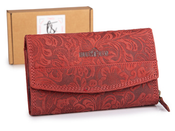 Poziomy portfel damski, czerwony, z tłoczeniem w kwiaty "floral" w stylu vintage Franko