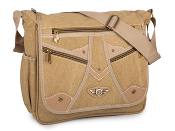 Beżowa materiałowa duża torba męska w stylu vintage z klapą A4 na laptopa 15.6" canvas