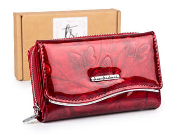 Czerwony duży lakierowany portfel damski z tłoczeniem w motylki Jennifer Jones