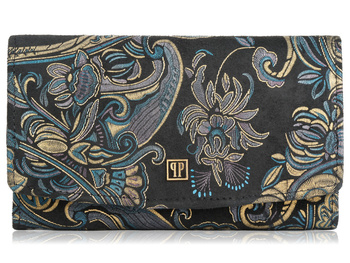 Duży czarny portfel damski ze skóry naturalnej z orientalnym wzorem